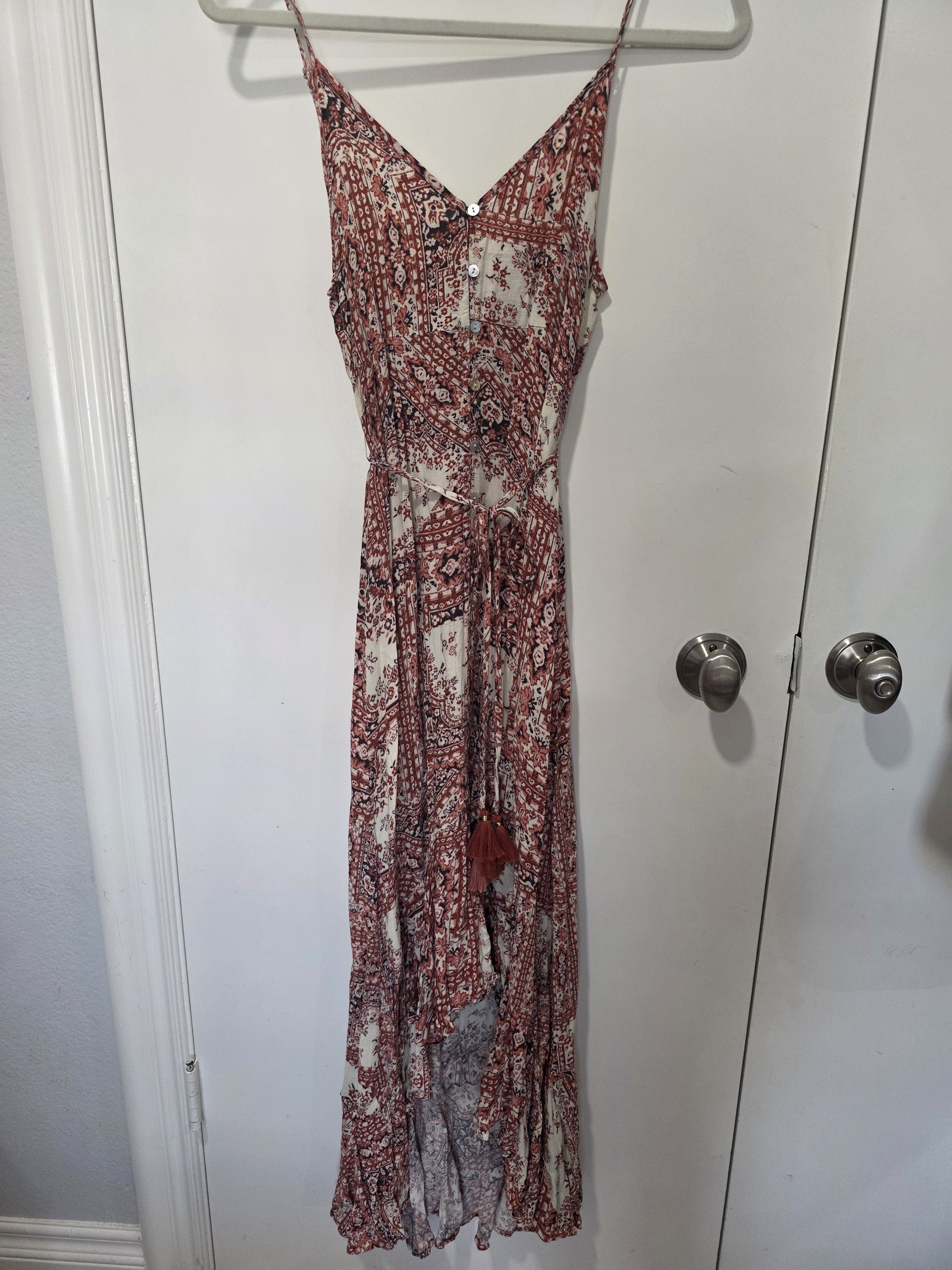 Love Stitch Rust & Cream Printed Maxi Dress With Tassel Tie